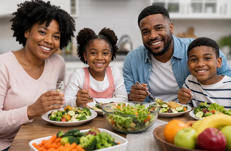 Happy African American Family Sitting Down For Dinner